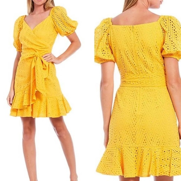 NWT Sachin & Babi Yellow Eyelet Ruffled Hem Belted Puff Sleeves Dress - Picture 1 of 6